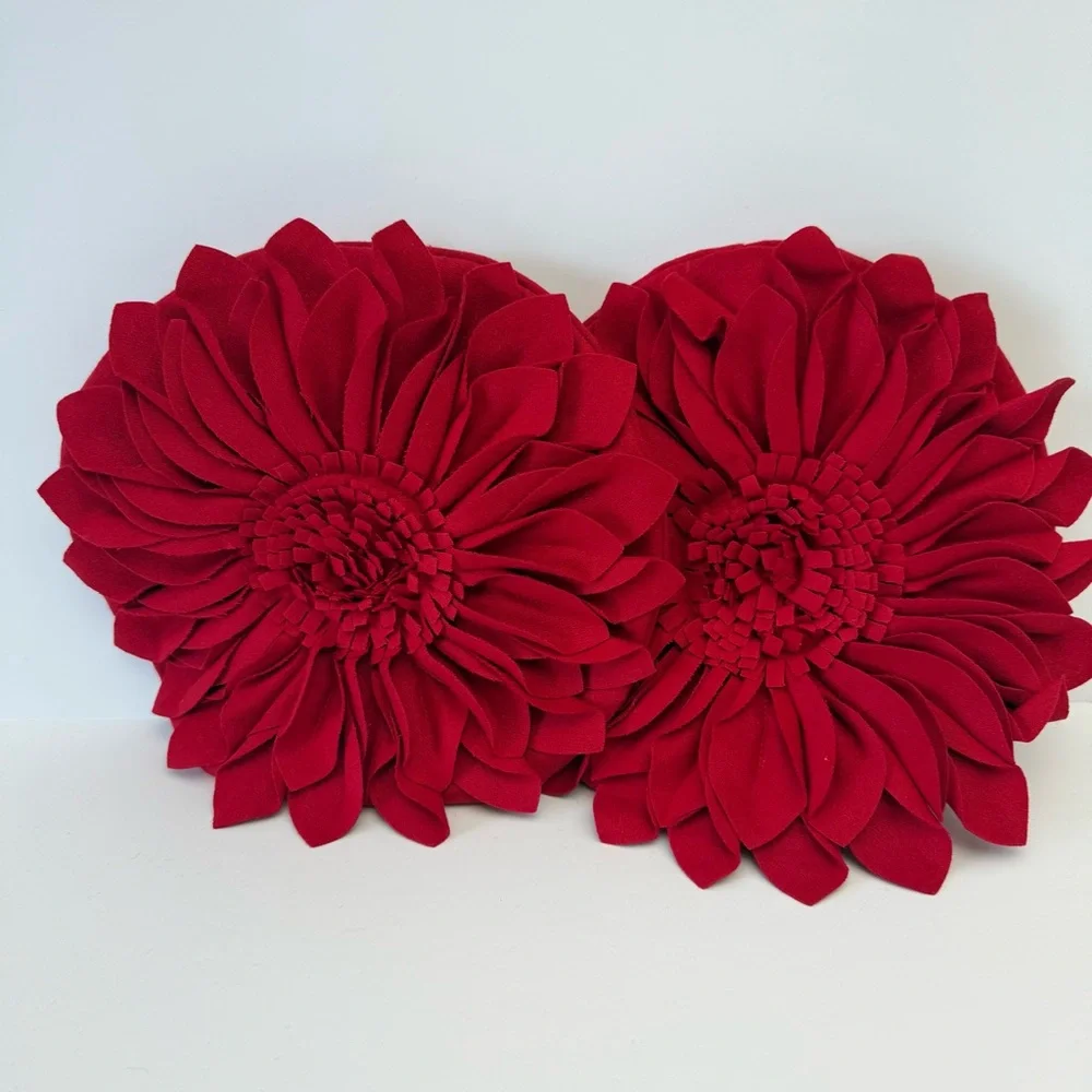 Set of 2 Red Wool 3D Floral Sculptural Pillow Covers Rosette valentine’s Decor
